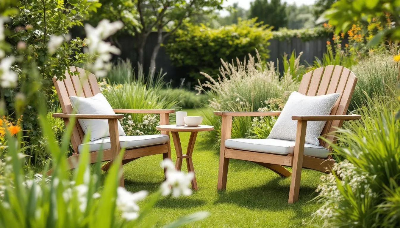 Duurzame teakhouten tuinmeubelen in een natuurlijke omgeving.
