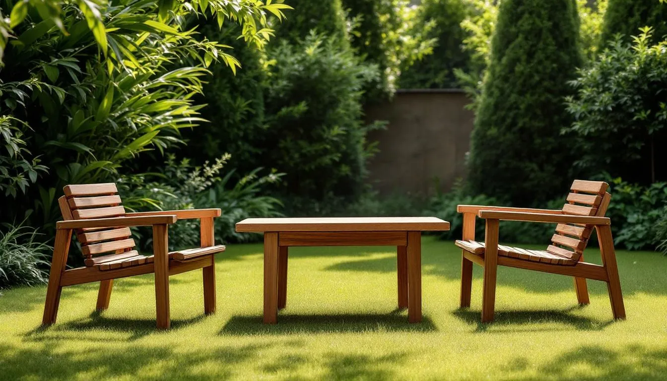 Een prachtige teakhouten tuinset in een groene tuin.
