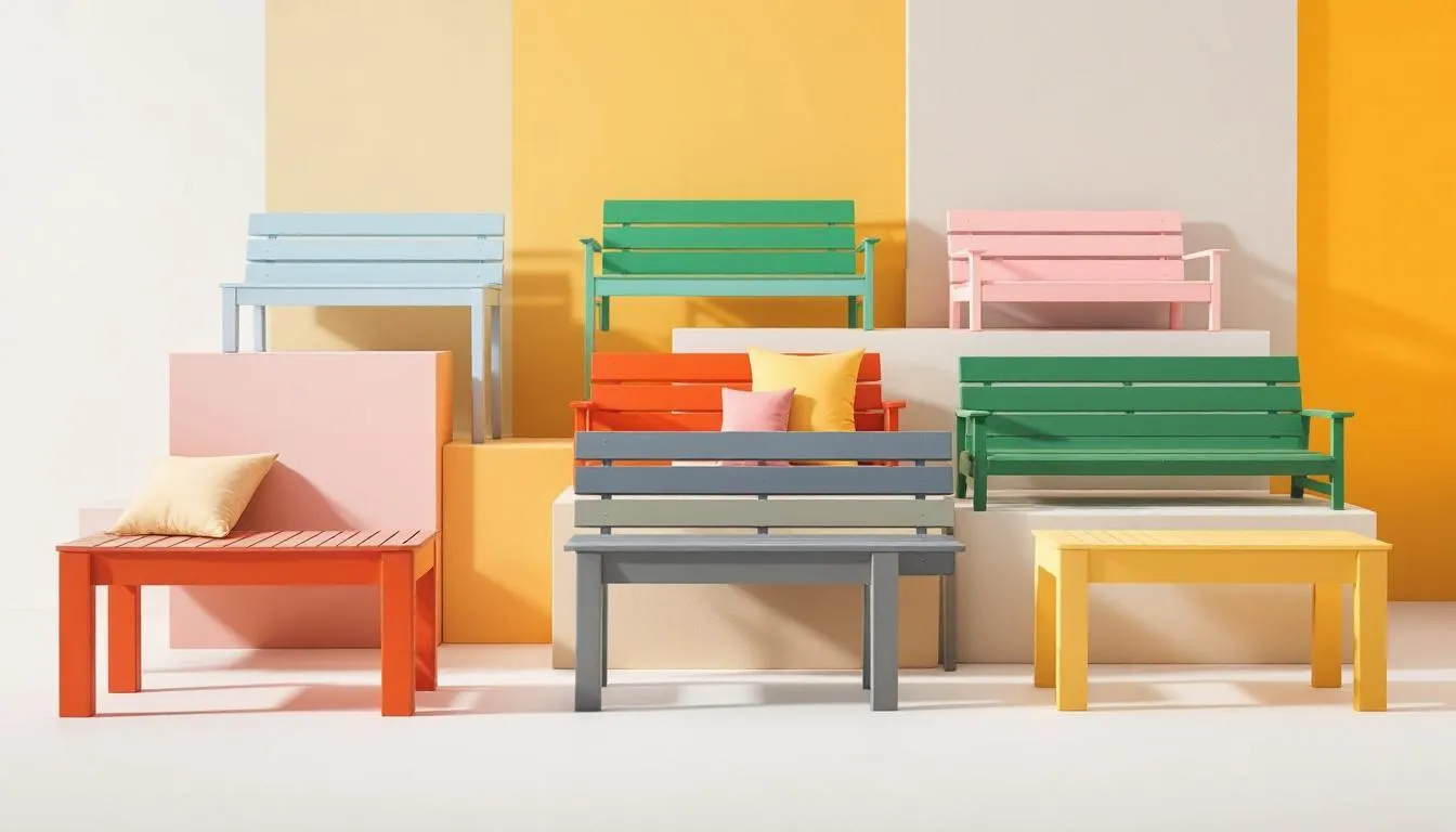 Kleuren en afwerkingen van kunststof tuinbanken op een display.