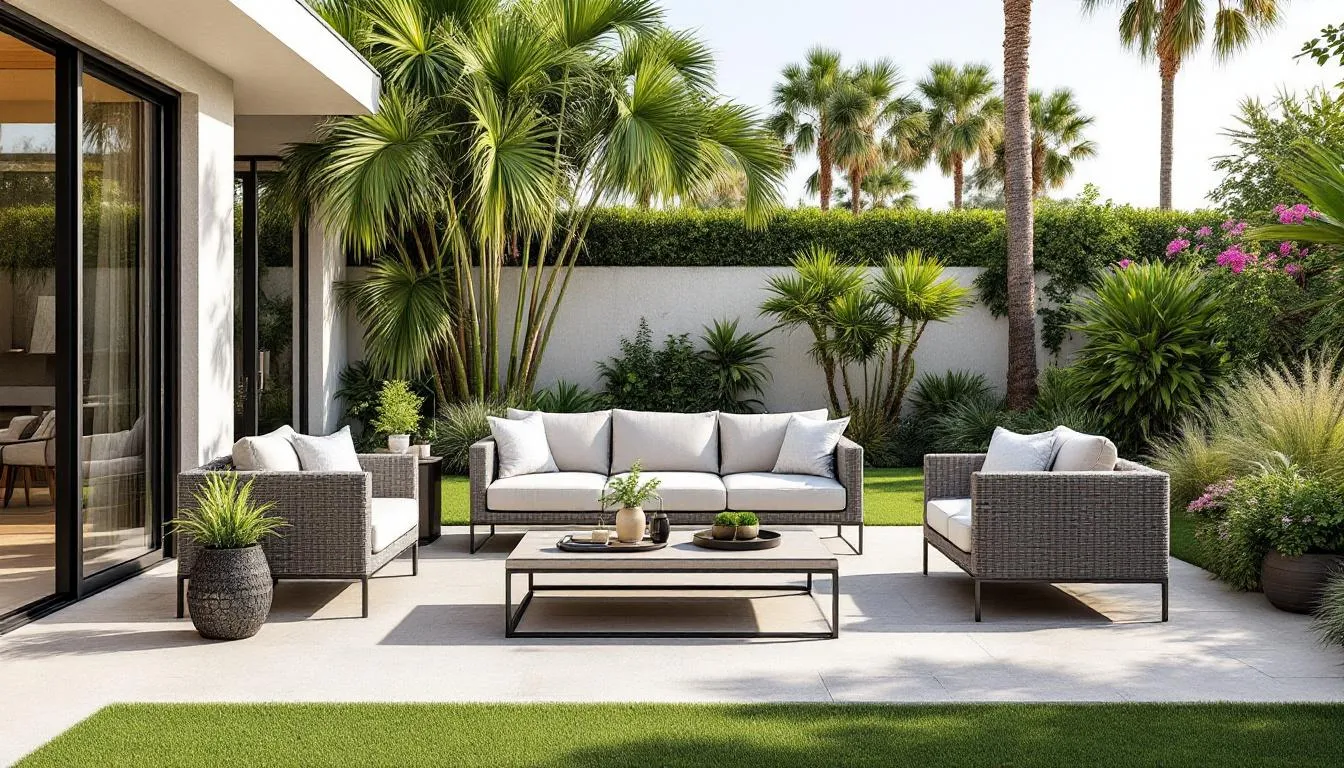 Een overzicht van luxe tuinmeubelen in een mooie tuinsetting.