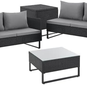 SVITA KANSAS Rotanlounge tuinmeubelset zitmeubelen outdoor zitlounge terras tuinbank kussenbox tafel polyrotan stalen frame zwart