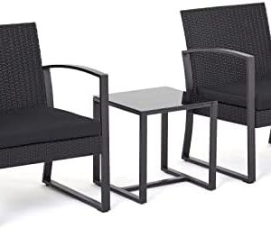 Mondeer Rotan tuinmeubelset, 3 stuks terrasbistroset, 2-zits rotanstoelen met kussens en koffietafel, voor balkon, tuin, binnen, buiten, terras, achtertuin, zwart