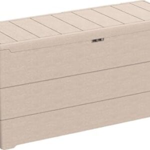 Duramax Durabox 270L/71 Gallon Opbergbox, Houtnerf Textuur, Tuinmeubel Opslag, Veilig & Zeker, Met Wielen en Handgrepen, Patio Kussen Opbergbox, Warm Taupe