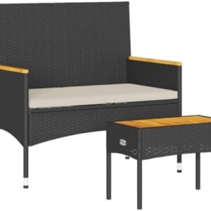 vidaXL Tuinbank 2-zits met kussens en tafel poly rattan zwart, tuinmeubel, bankje buiten, balkon bankje, parkbank, tuin bank, bankje tuin, banktuin