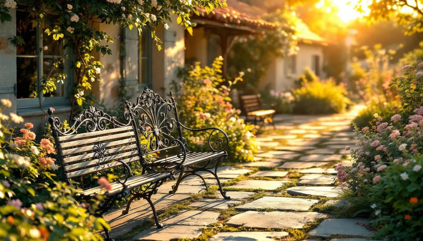 De voordelen van gietijzeren tuinsets, weergegeven met een mooie tuinset in een zonnige buitenruimte.