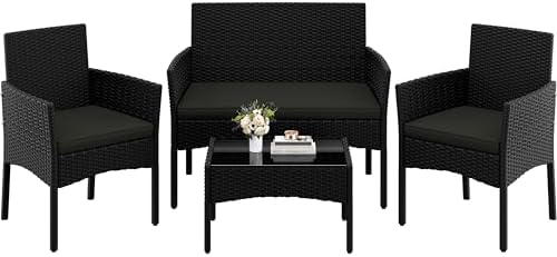 Yaheetech 4-delige tuinmeubelset, balkonmeubelset van polyrotan, terrasmeubels, voor buiten, met 2-zitsbank, 2 stoelen, tafel en zitkussens voor terras/balkon/tuin, zwart en grijs