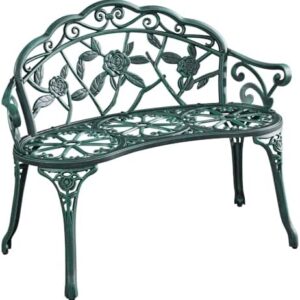 Yaheetech 2-zits vintage tuinbank metalen bank parkbank, weerbestendig gegoten aluminium balkonbank met rugleuning en armleuningen tuinmeubelen voor terras, balkon, tuin, groen