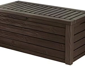 Keter Westwood 570L Outdoor 75% gerecyclede tuinmeubelen opbergdoos bruin houten paneel effect; vervagen vrij; alle weersomstandigheden; veilig en veilig; geen onderhoud; 2 jaar garantie