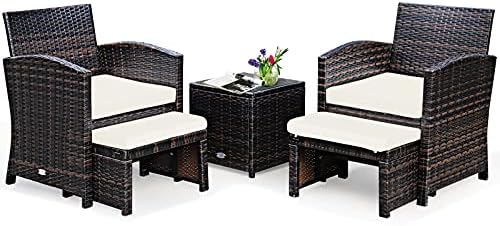 GIANTEX 5-delige set rotan tuinmeubelen, balkonmeubels, klein balkon, meubel, 2 rotanstoelen met kruk, tuinloungeset, terrasmeubels met tafel, tuinset, meubels (wit kussen)