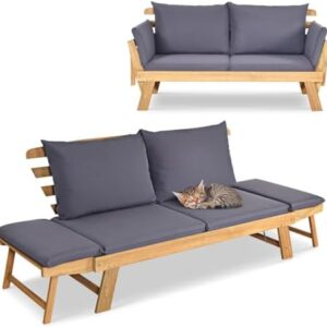 GIANTEX Ligbank met inklapbare zijleuningen, tuinbank, zitbank met kussens, zonnebed, ligstoel van acaciahout, multifunctionele bank, balkonbank, parkbank, tuinmeubelen, 198 x 75 x 75 cm