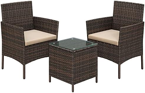 SONGMICS balkonmeubel, tuinmeubelset, gemaakt van PE polyrattan, loungeset, tafel en 2 stoelen, terrasmeubels, buiten, voor terras, balkon, tuin, bruin-taupe GGF003K01