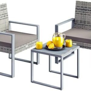 CASARIA® Polyrattan Tuinmeubelen WPC Tafel Belastbaar tot 160kg 2 Stoelen Kussens In Hoogte Verstelbare Poten Weerbestendig Terras Balkonmeubelen Loungeset Grijs