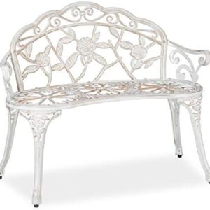 Relaxdays tuinbank, 2 zits, rozen, terras, balkon, aluminium & gietijzer, antieke buitenbank, 78x98x57 cm, wit/brons