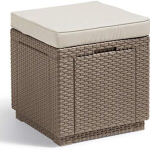 Allibert van Keter ” Kubuskruk met opbergruimte, cappuccino, incl. kussen, afneembaar deksel, platte rotanlook, weerbestendig, 42x42x39cm