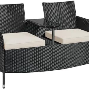 Yaheetech 2-zits polyrotan tuinbank met tafel en kussens, stabiele rotan zitbank, 350 kg belastbaarheid, 131 x 65,5 x 85 cm, weerbestendig, balkonbank, tuinmeubelen voor tuin, balkon, terras,