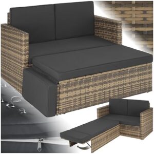 tectake® wicker Lounge 2-zitsbank en kruk, tuinmeubelen met dikke kussens en grote kruk met uitklapbare steun, ideaal voor terras, serre en balkon - natuur