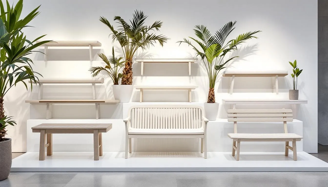 Verschillende stijlen kunststof tuinbanken in een showroom.