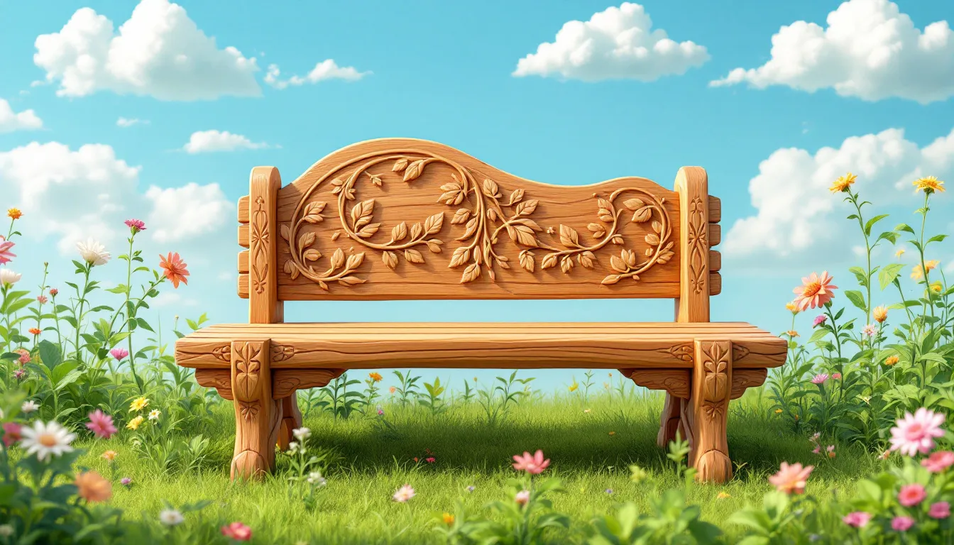 Een stijlvolle houten tuinbank met een warme uitstraling en organische vormen.