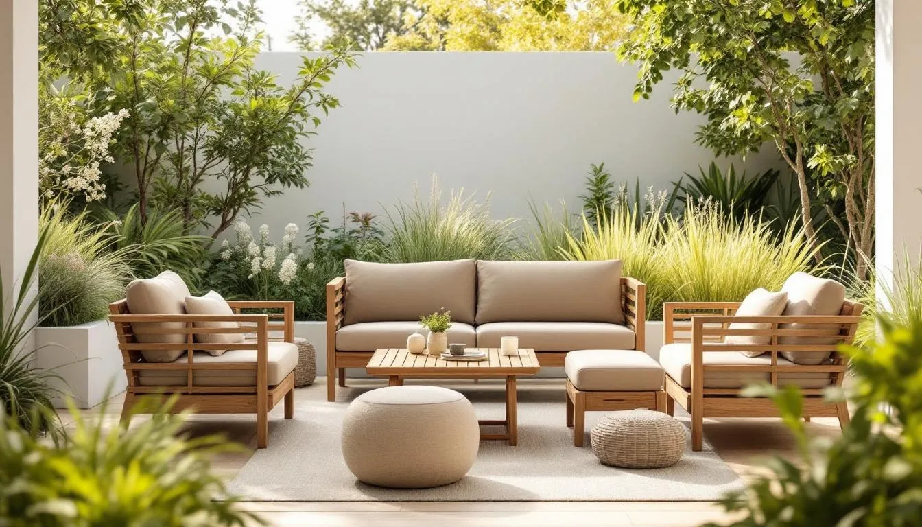 Verschillende teakhouten tuinsets in een showroom.