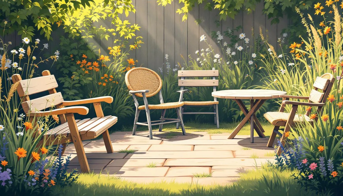 Verschillende stijlen van steigerhouten tuinmeubelen in een buitenruimte.