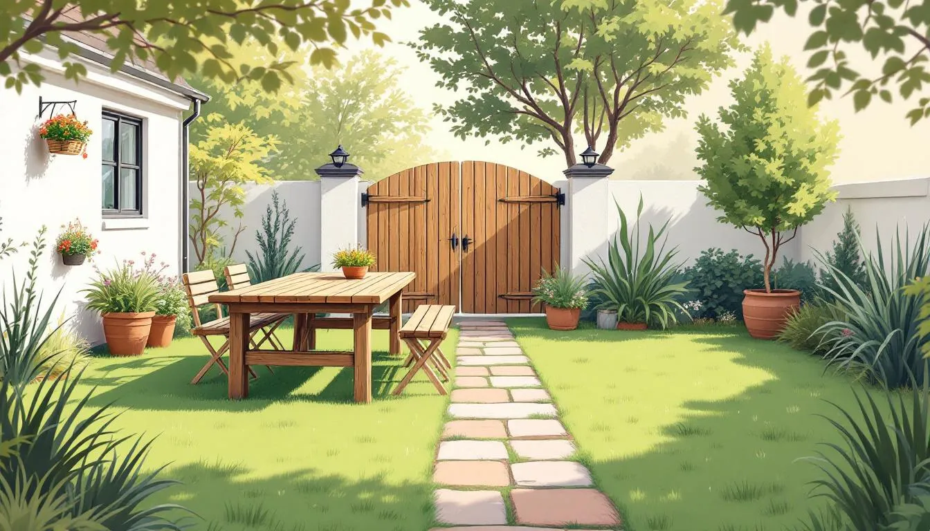 Een steigerhouten tuinset op maat in een moderne tuin.
