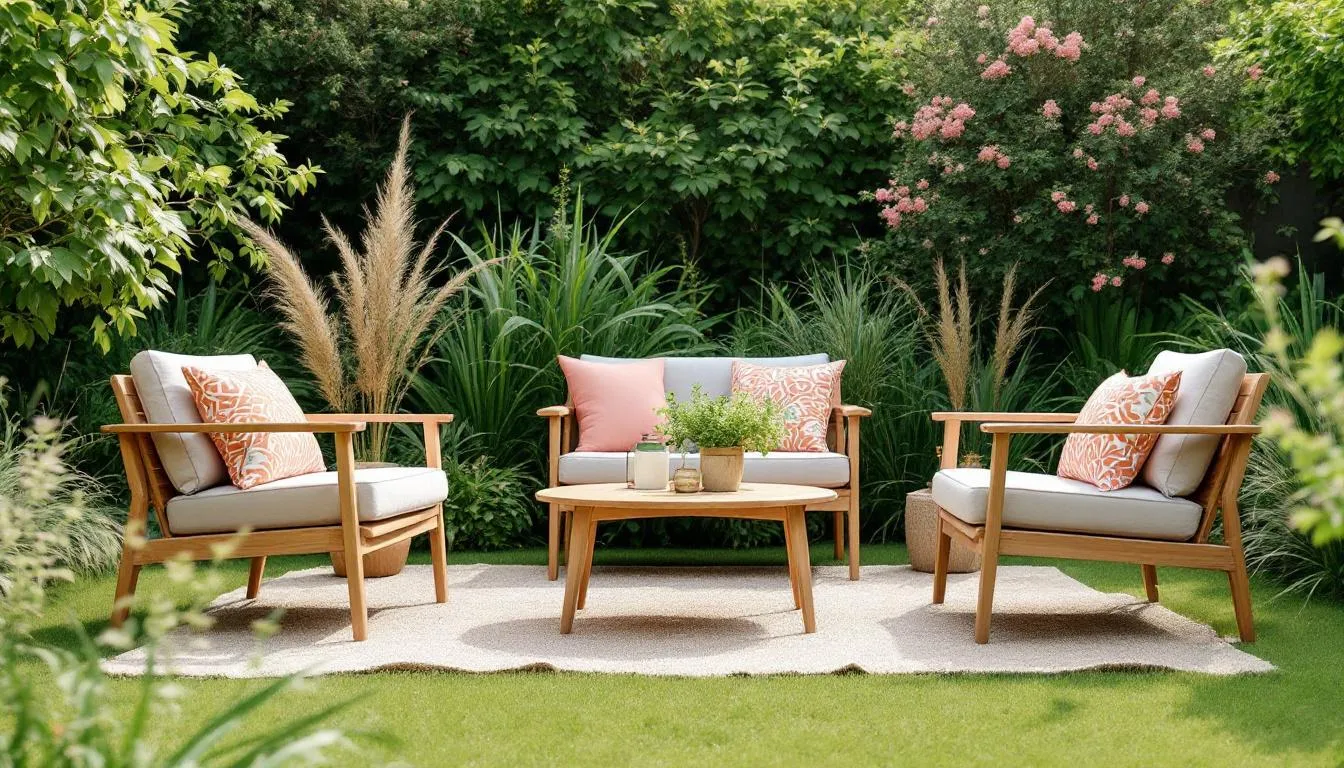 Teakhouten tuinset met kleurrijke accessoires en kussens.